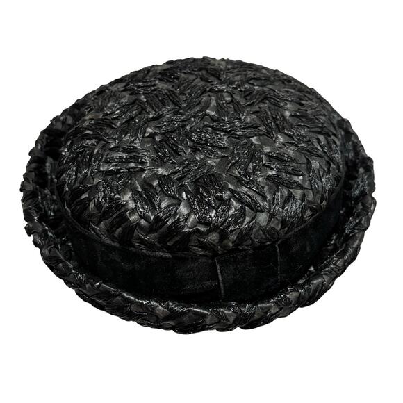 Vintage black straw pillbox hat by Winkelman’s velvet hatband upturned brim